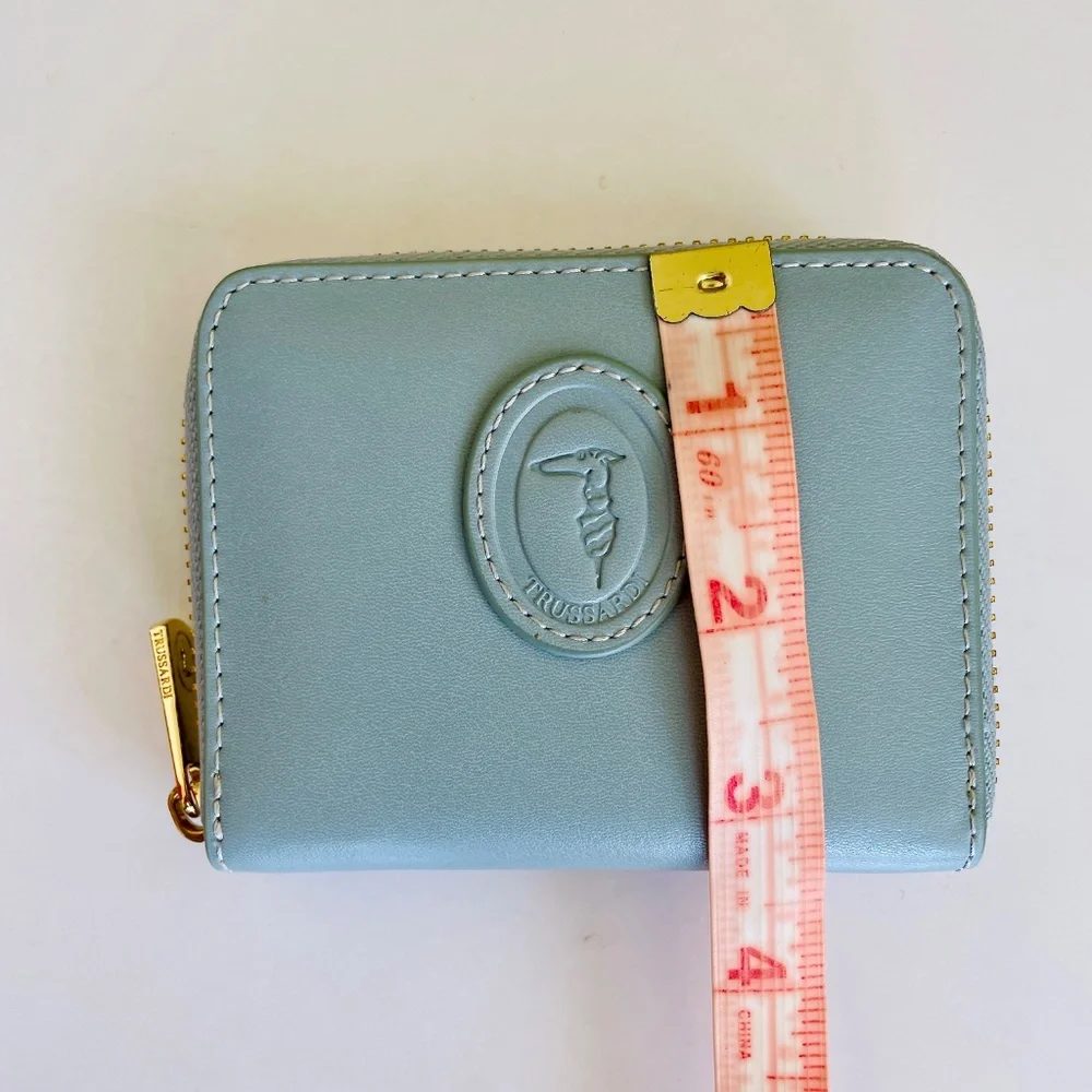 Trussardi Greyhound Logo Light Blue Leather Compact Zip Wallet with Box - Picture 14 of 15
